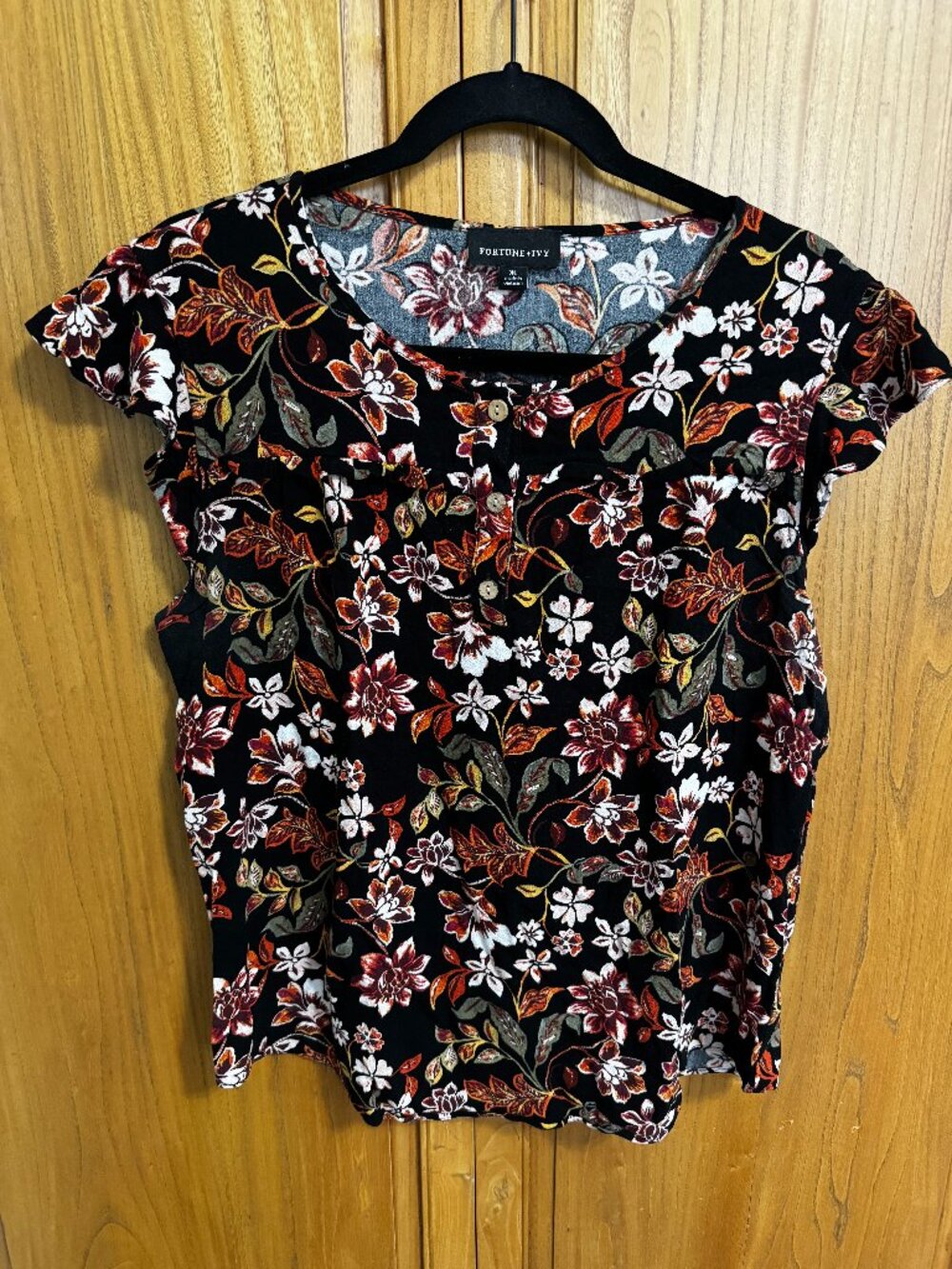 FORTUNE + IVY Jenna Flutter Sleeve Blouse, Black Floral, Size XL